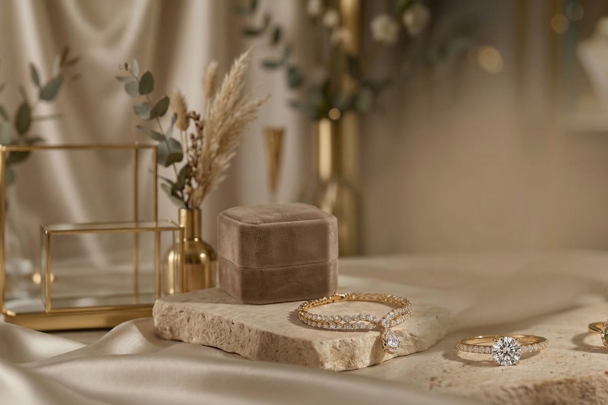 Jewelry display with rings on a stone surface, kekilli branding visible